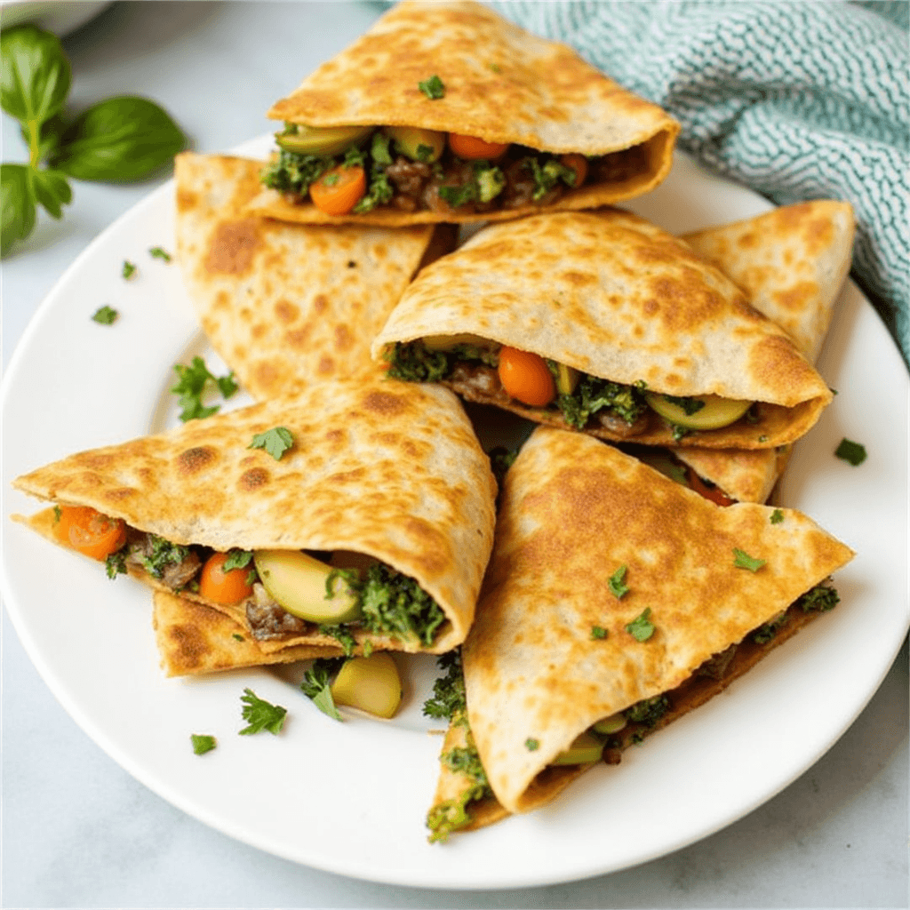 Vegetable quesadilla with crispy golden tortilla and gooey cheese oozing out.