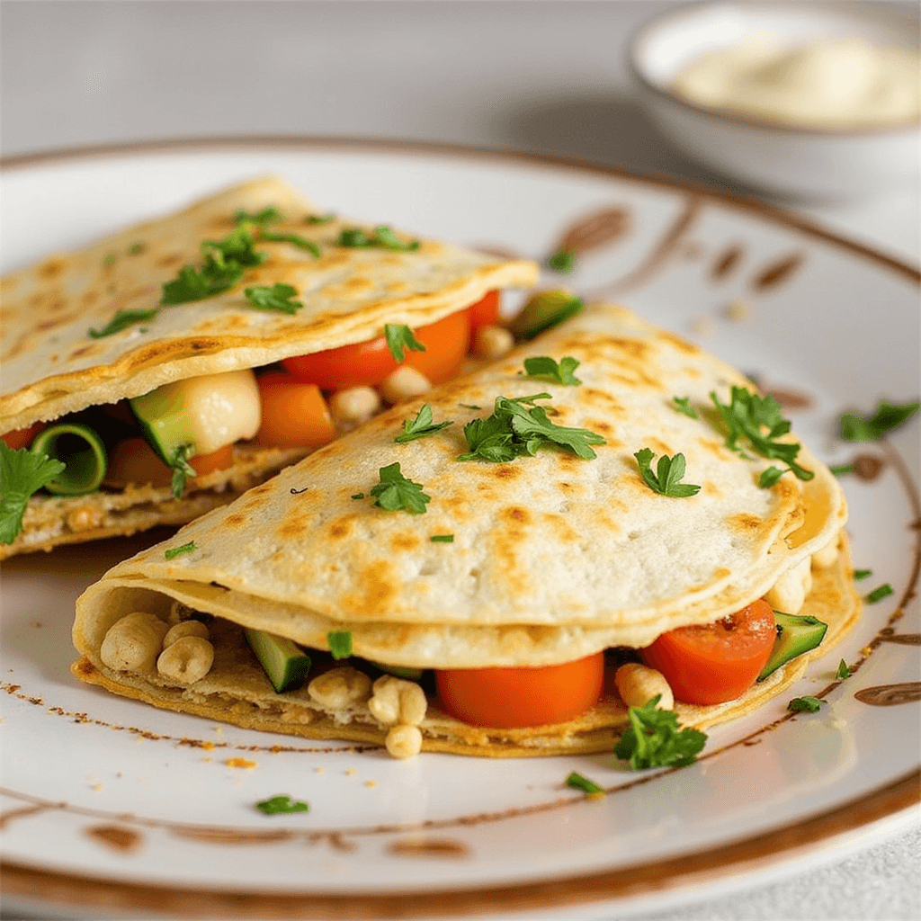 Golden-brown vegetable quesadilla filled with spiced veggies and melted cheese, served with salsa and guacamole.