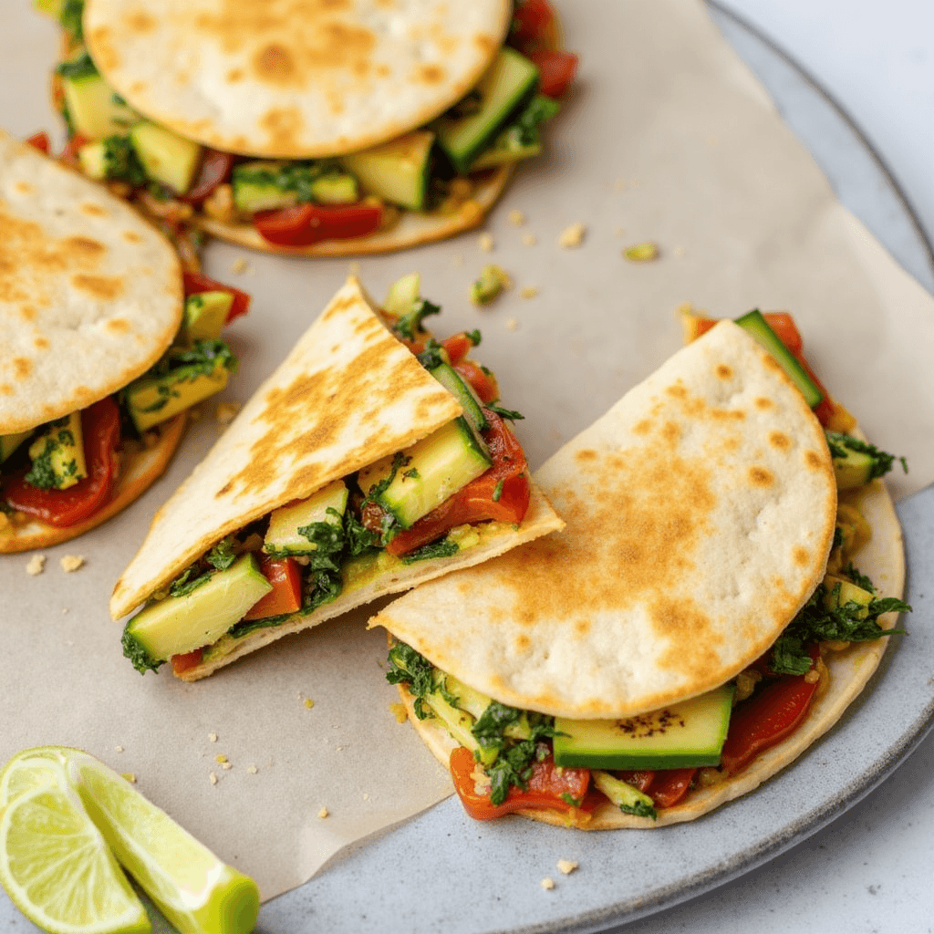 Quesadilla with colorful veggies and cheese, served with sour cream and salsa.