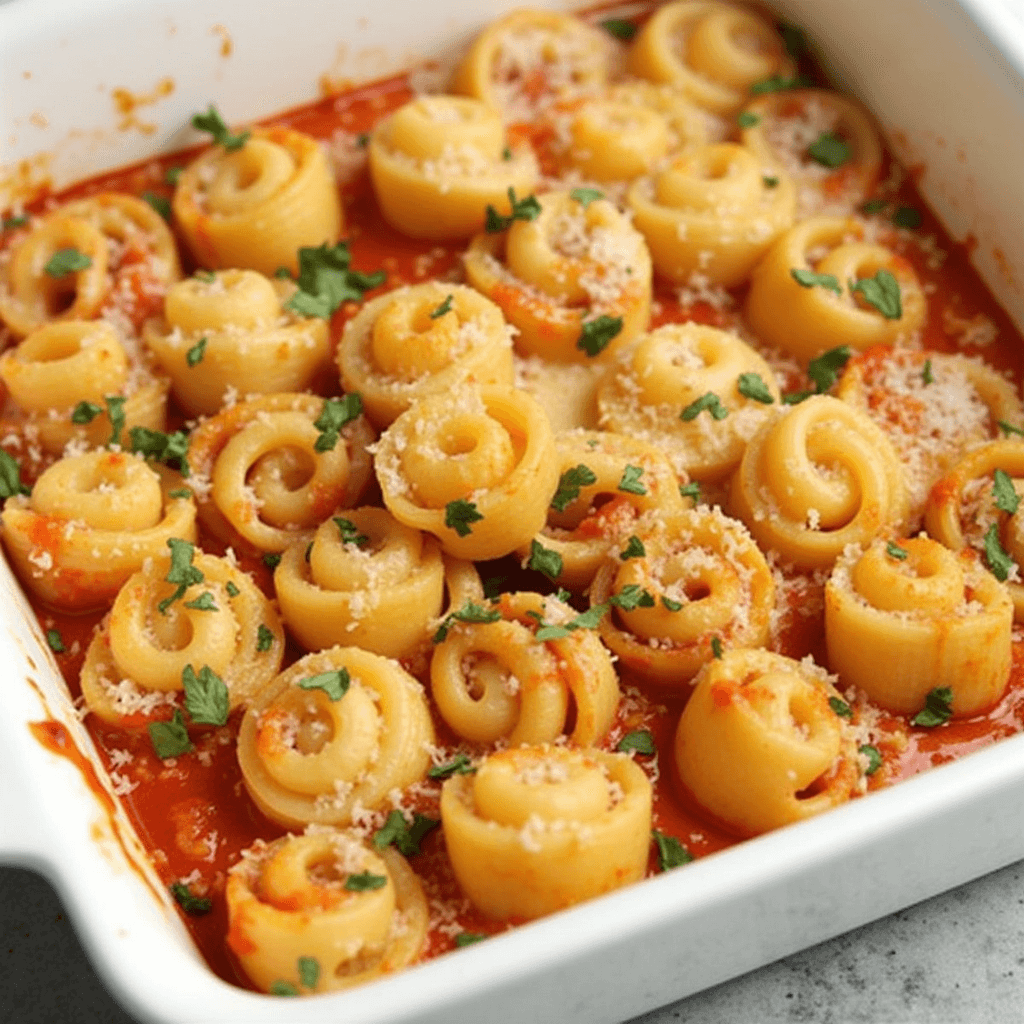 Serving dish of vegetable pasta bake garnished with fresh basil