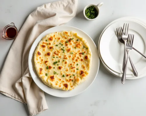 Stack of warm, soft cottage cheese flatbread, topped with a dollop of cottage cheese and sprinkled with black pepper.