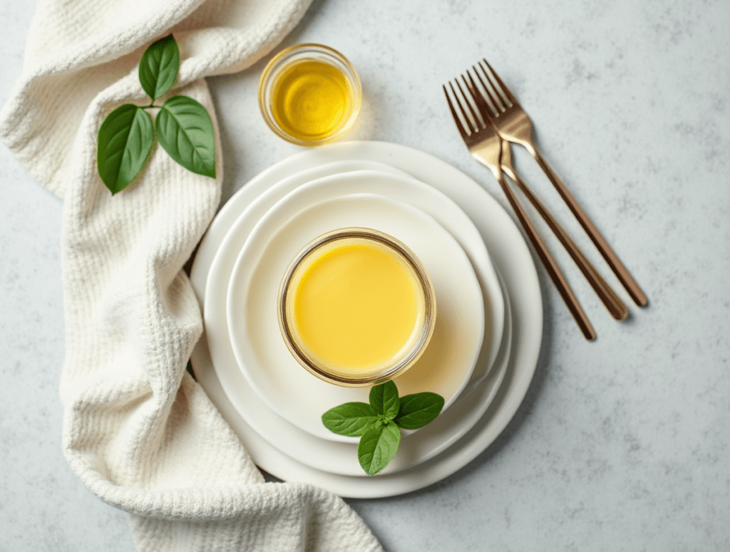 Overhead view of lemon balm tea in a clear mug, surrounded by fresh lemon balm leaves and a sliced lemon, highlighting its vibrant and natural ingredients.