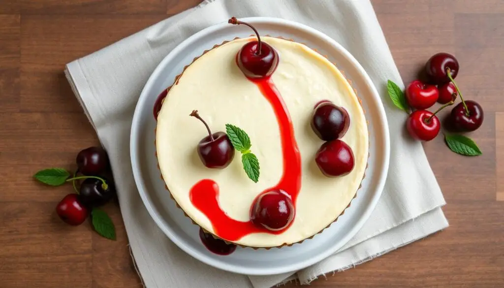 Close-up of a slice of no-bake cherry cheesecake with a smooth, creamy texture and juicy cherries on top.