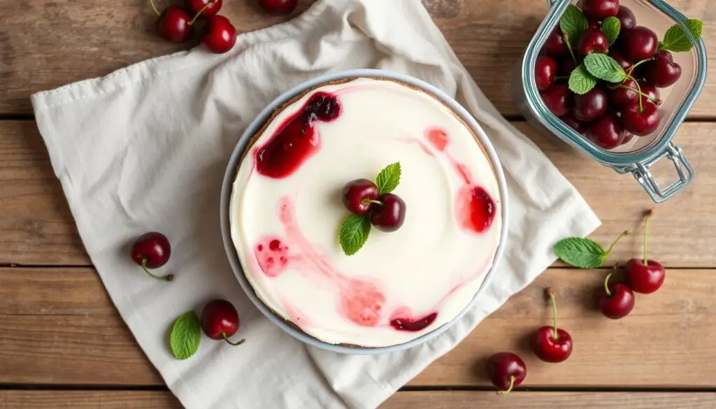 Whole no-bake cherry cheesecake with a golden graham cracker crust and bright red cherry topping, perfect for dessert.