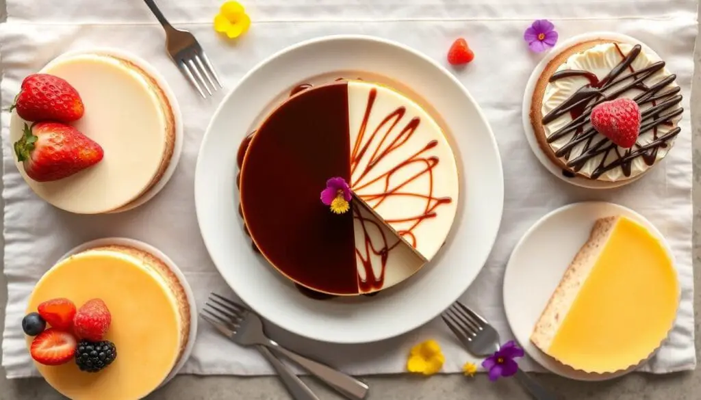 Top view of a no-bake cherry cheesecake in a springform pan, showing the rich cream cheese layer and glossy cherry topping.