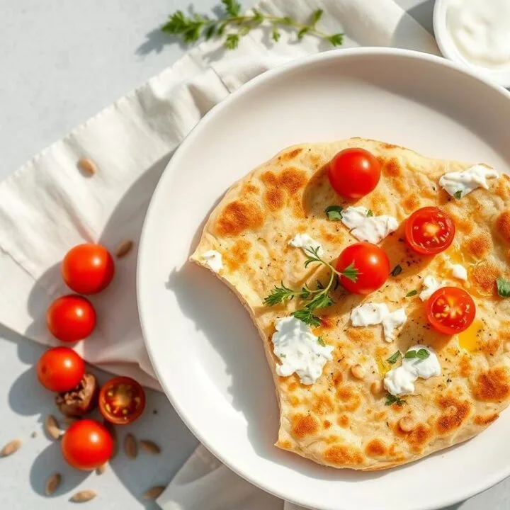 Close-up of freshly cooked cottage cheese flatbread with golden brown spots, garnished with fresh herbs on a wooden board.