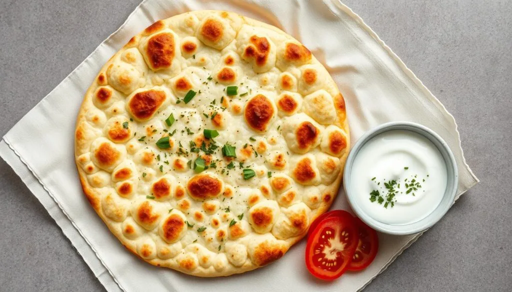 Stack of warm, soft cottage cheese flatbread, topped with a dollop of cottage cheese and sprinkled with black pepper.
