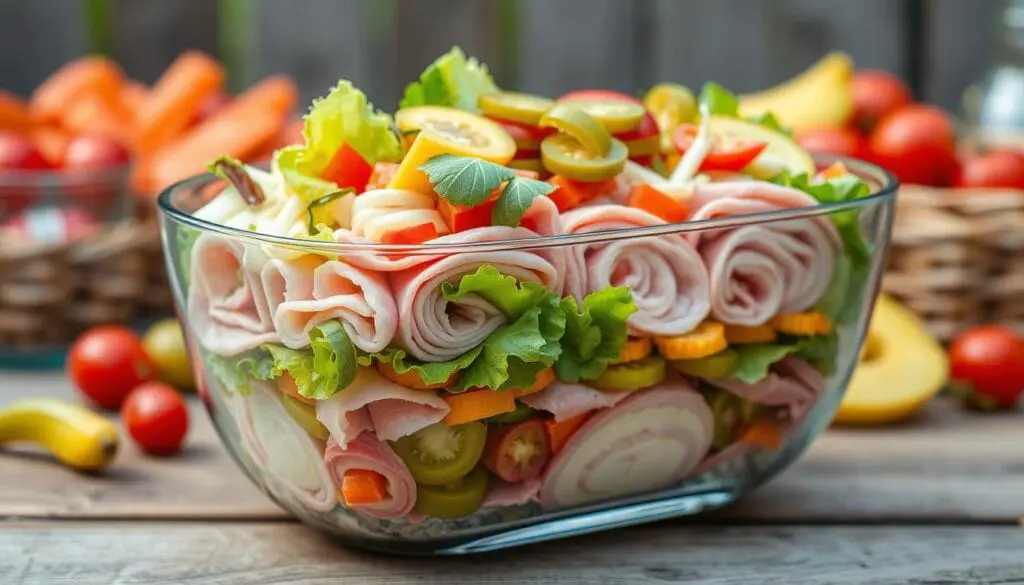 Overhead view of a vibrant keto-friendly Sub in a Tub Salad with a variety of fresh veggies, deli meats, and shredded cheese.