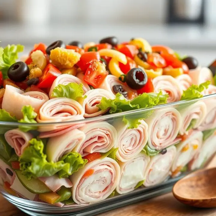 A colorful bowl of Sub in a Tub Salad with layers of deli meats, fresh veggies, and shredded cheese, topped with Italian dressing.