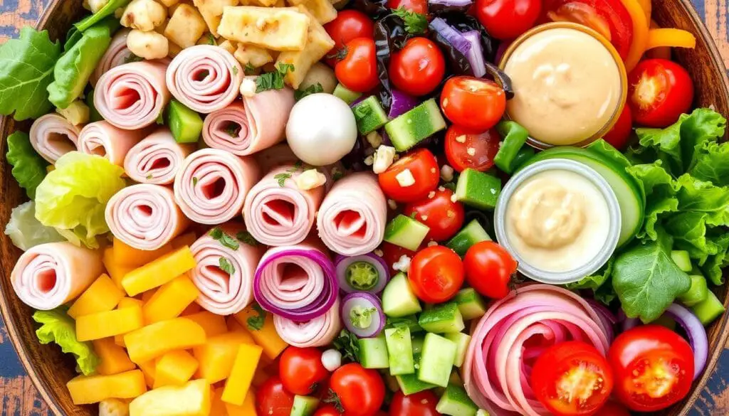 Close-up of a low-carb Sub in a Tub Salad with romaine lettuce, turkey, salami, cherry tomatoes, cucumbers, and banana peppers.