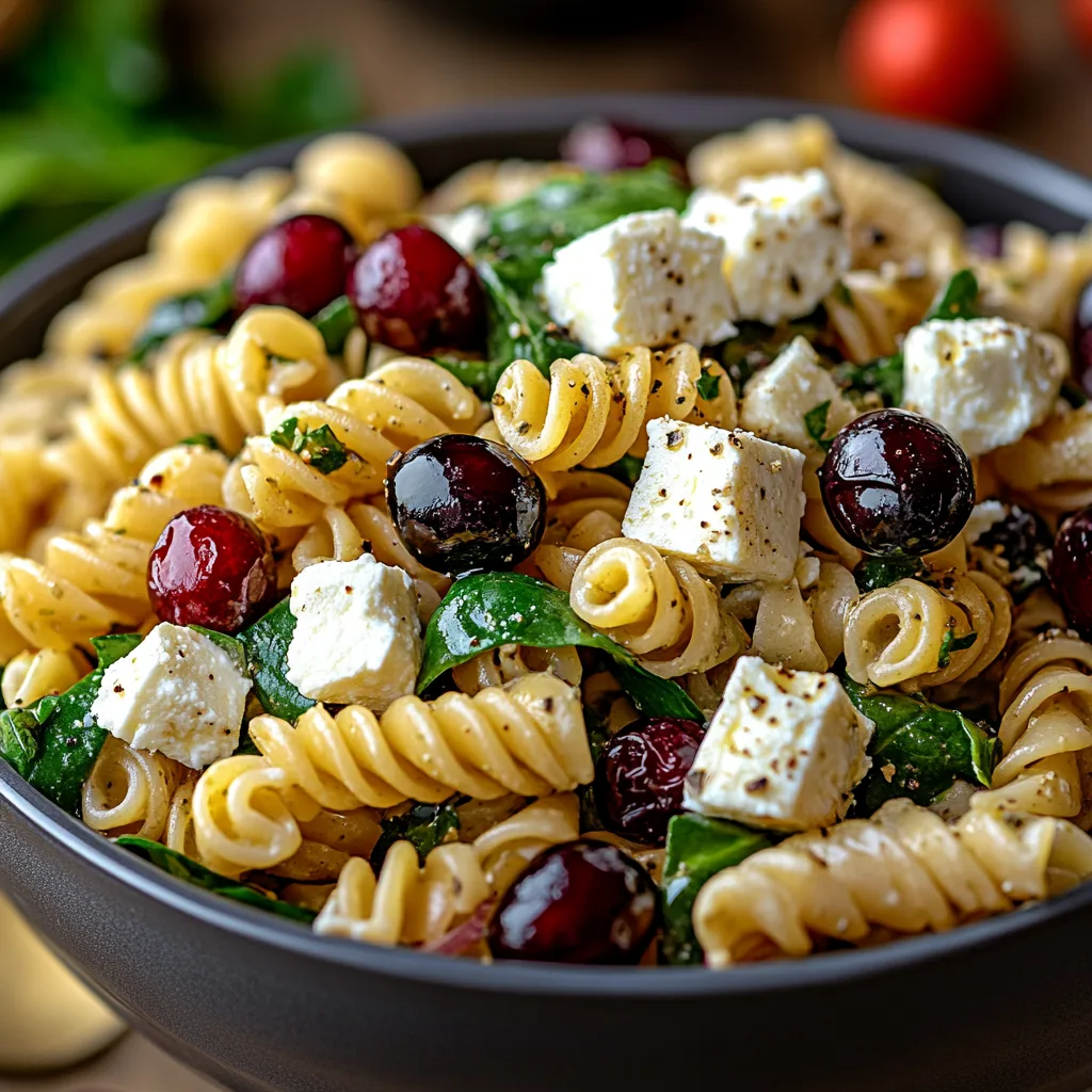 Spinach pasta salad with feta and cranberries